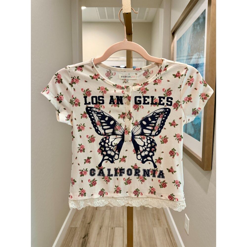 Free For All Girls Y2K Butterfly Floral Lace Baby Tee Top M 10/12 NWT